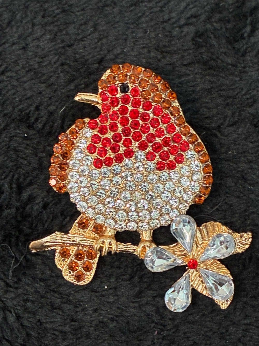 Gold-Tone Crystal Robin Brooch Pin - Red, Orange, White